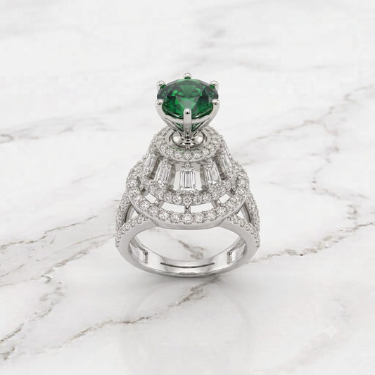 Silver Emerald Green Round Tiered Cathedral Statement Ring