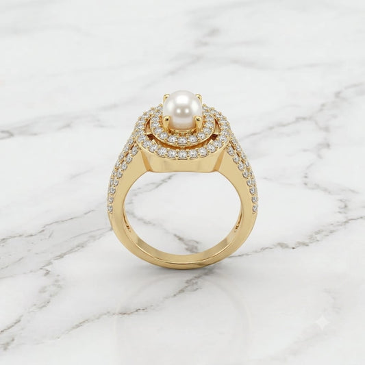 Gold Freshwater Pearl Double Halo Statement Ring