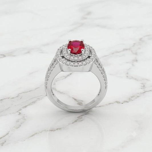 Silver Ruby Red Oval Double Halo Statement Ring