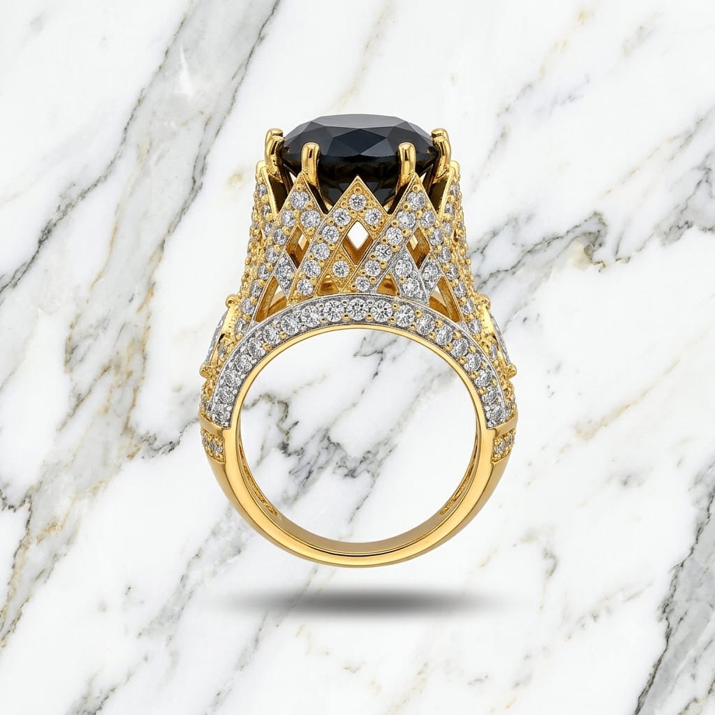 Royal Onyx Black Oval Statement Ring with Lattice Diamond Crown