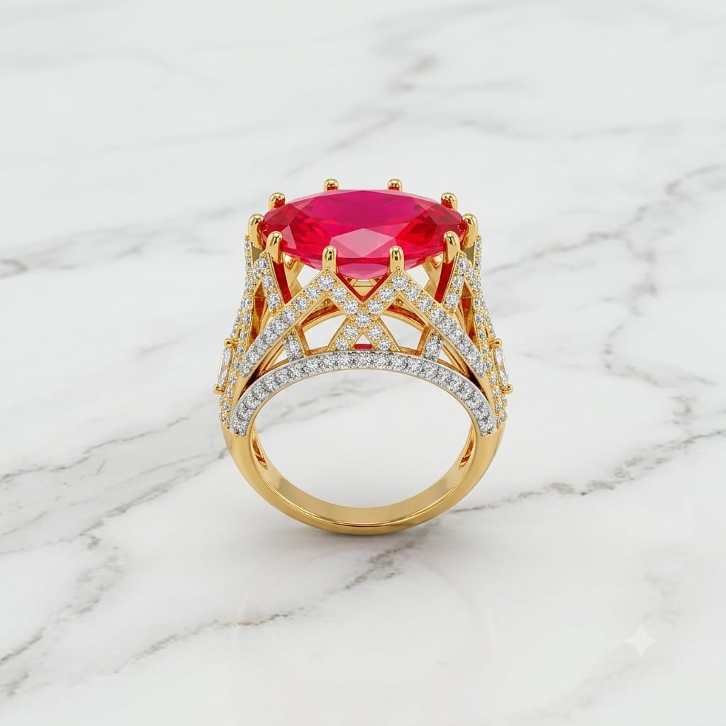 Royal Ruby Red Oval Statement Ring with Lattice Diamond Crown
