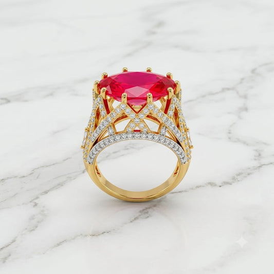 Royal Ruby Red Oval Statement Ring with Lattice Diamond Crown