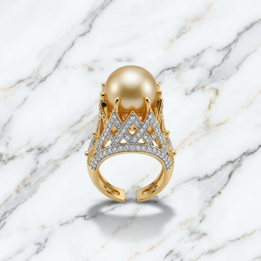 Royal Golden South Sea Pearl Statement Ring with Lattice Diamond Crown