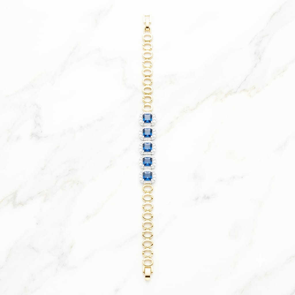 Gold Link Bracelet with Blue Sapphire Cushion Gemstone Cluster