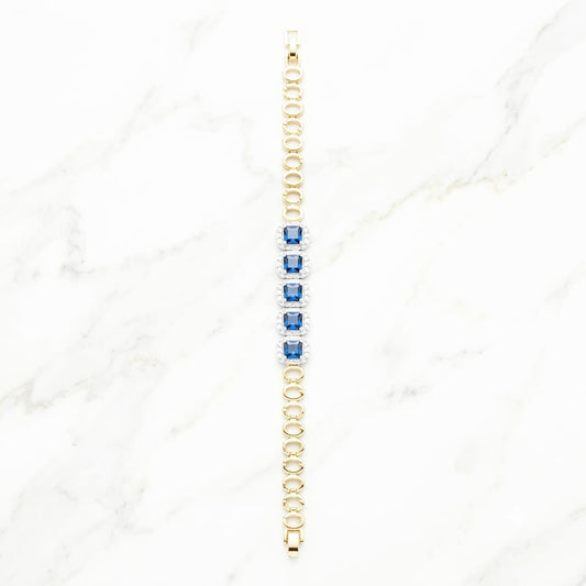 Gold Link Bracelet with Blue Sapphire Cushion Gemstone Cluster