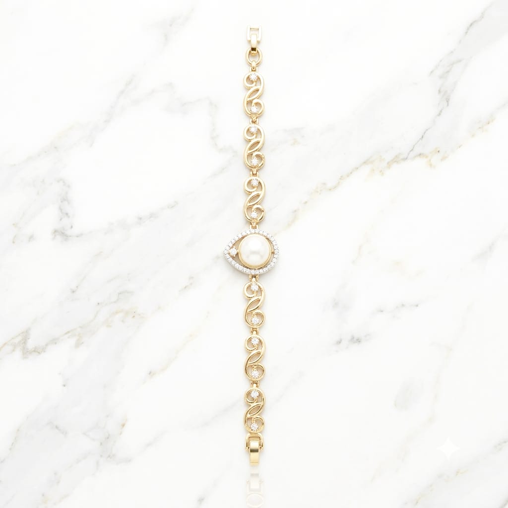 Gold Pearl Centerpiece Bracelet with Filigree Swirl Links