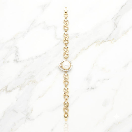Gold Pearl Centerpiece Bracelet with Filigree Swirl Links