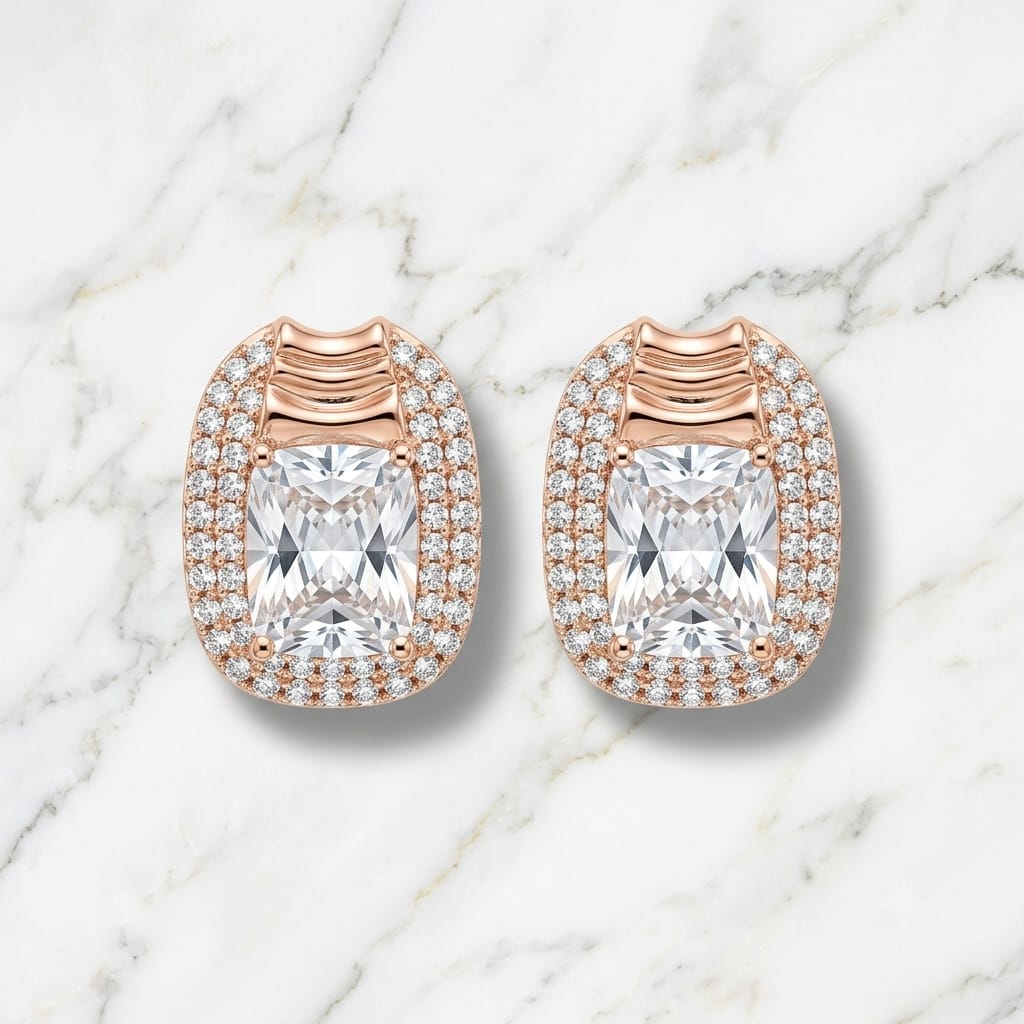 Rose Gold Cushion-Cut Solitaire Halo Stud Earrings