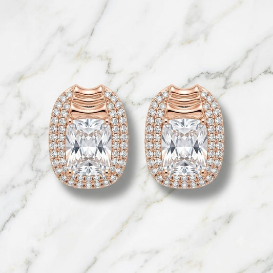Rose Gold Cushion-Cut Solitaire Halo Stud Earrings