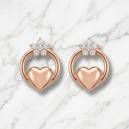 Rose Gold Heart & Flower Crown Stud Earrings
