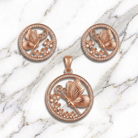 Rose Gold Butterfly & Floral Medallion Pendant Set