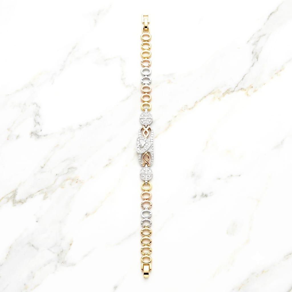 Tri-Tone Gold Linked Chain Bracelet with Diamond Heart Centerpiece