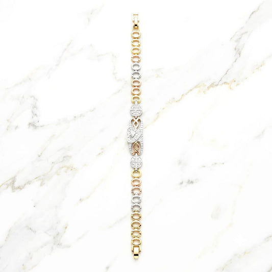 Tri-Tone Gold Linked Chain Bracelet with Diamond Heart Centerpiece