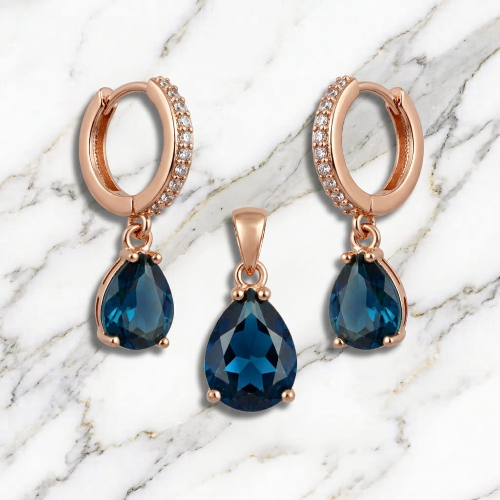 Rose Gold Sapphire Blue Teardrop Pendant & Hoop Earrings Set