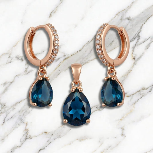 Rose Gold Sapphire Blue Teardrop Pendant & Hoop Earrings Set
