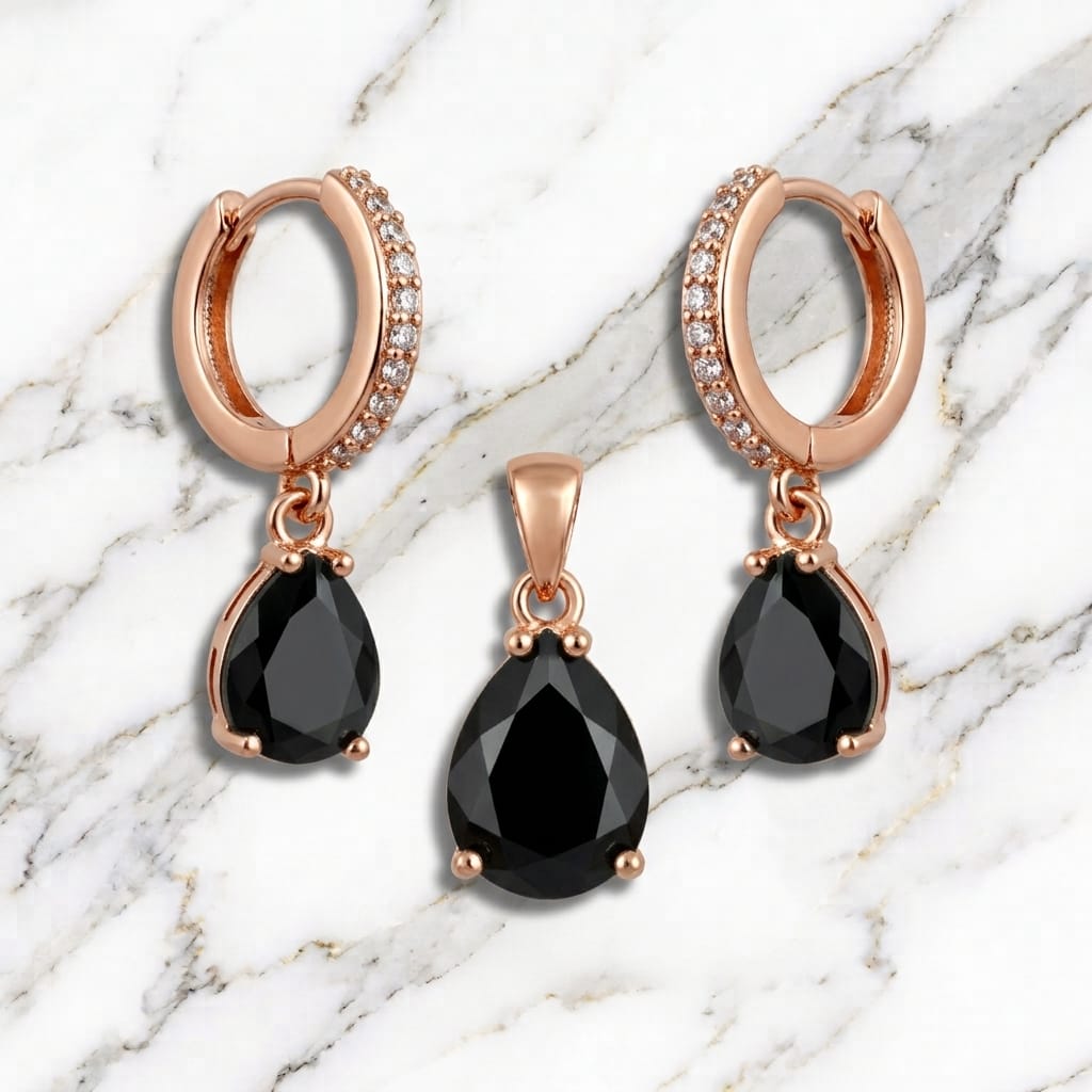 Rose Gold Onyx Black Teardrop Pendant & Hoop Earrings Set