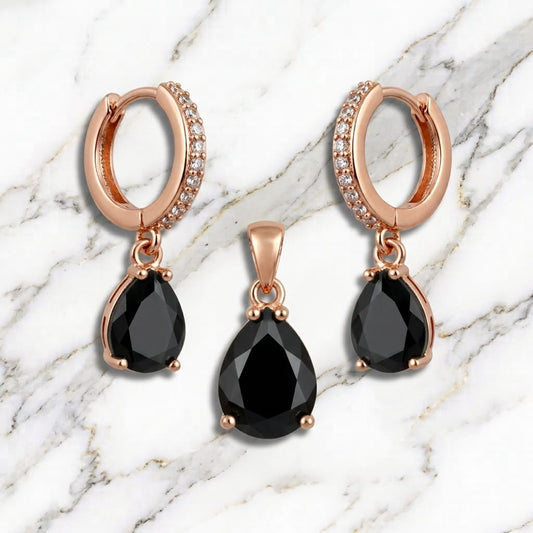 Rose Gold Onyx Black Teardrop Pendant & Hoop Earrings Set