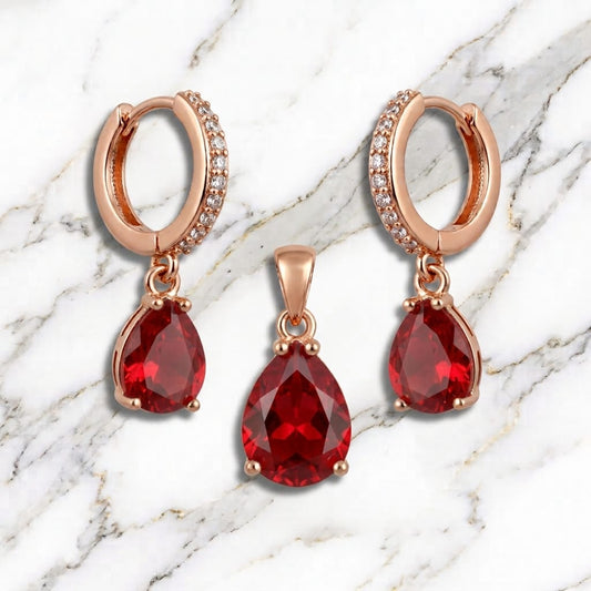 Rose Gold Ruby Red Teardrop Pendant & Hoop Earrings Set