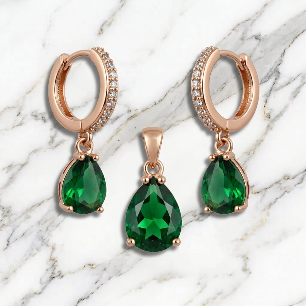 Rose Gold Emerald Green Teardrop Pendant & Hoop Earrings Set
