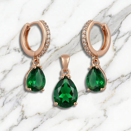 Rose Gold Emerald Green Teardrop Pendant & Hoop Earrings Set