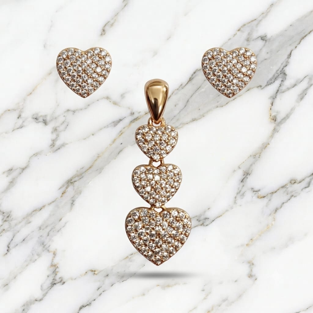 Triple Pavé Heart Drop Pendant & Earring Set
