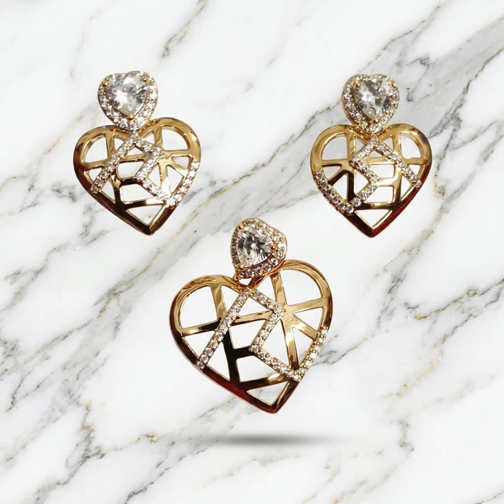 Elegant Gold Openwork Heart Pendant & Earring Set
