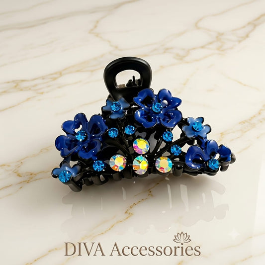 DIVA Accessories Elegant Blue Floral Crystal Hair Claw Clip