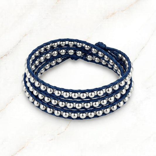 DIVA Jewellery Stylish Blue Cord and Silver Beaded Multi-Wrap Bracelet