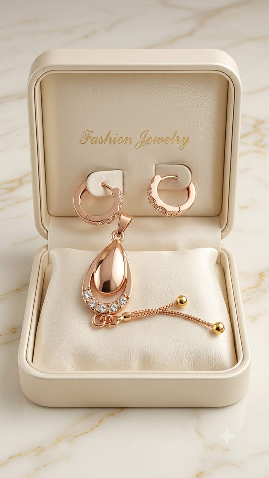 DIVA Jewellery Elegant Rose Gold Teardrop Pendant & Hoop Earrings Gift Box Set
