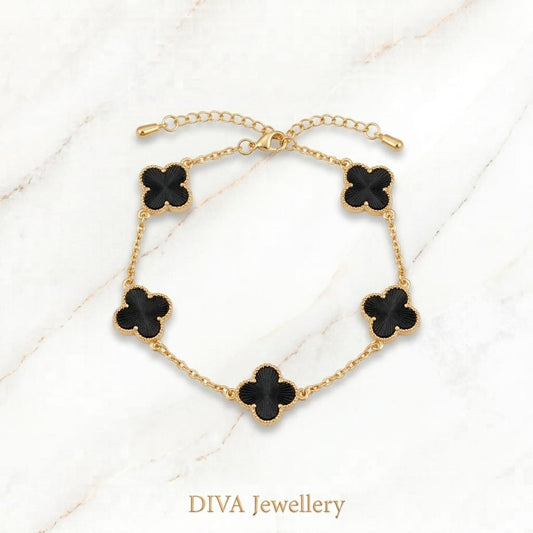 DIVA Jewellery Elegant Gold-Plated Black Clover Flower Charm Bracelet