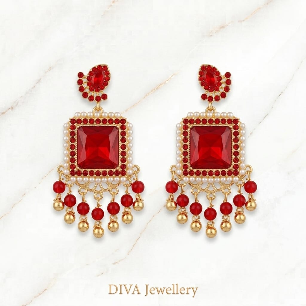 DIVA Jewellery Traditional Gold-Plated Red Square Crystal & Pearl Drop Earrings