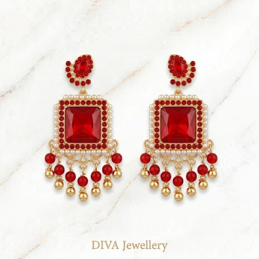DIVA Jewellery Traditional Gold-Plated Red Square Crystal & Pearl Drop Earrings