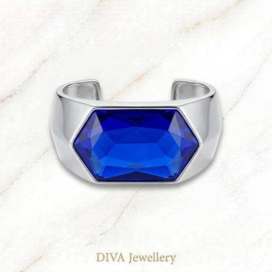 DIVA Jewellery Bold Silver-Plated Blue Crystal Statement Cuff Bracelet