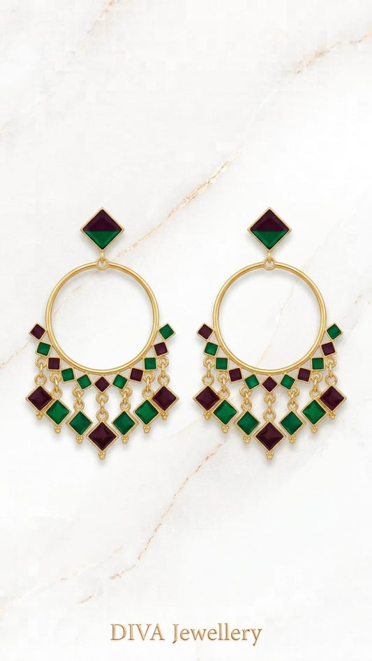 DIVA Jewellery Elegant Gold-Plated Green and Maroon Diamond-Pattern Drop Earrings