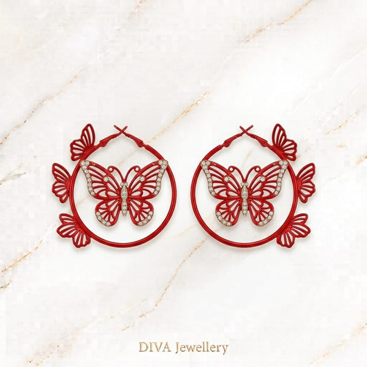 DIVA Jewellery Chic Red Butterfly Hoop Earrings for Women