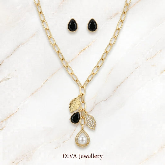 DIVA Jewellery Chic Gold-Plated Multi-Charm Pendant Necklace Set with Matching Earrings