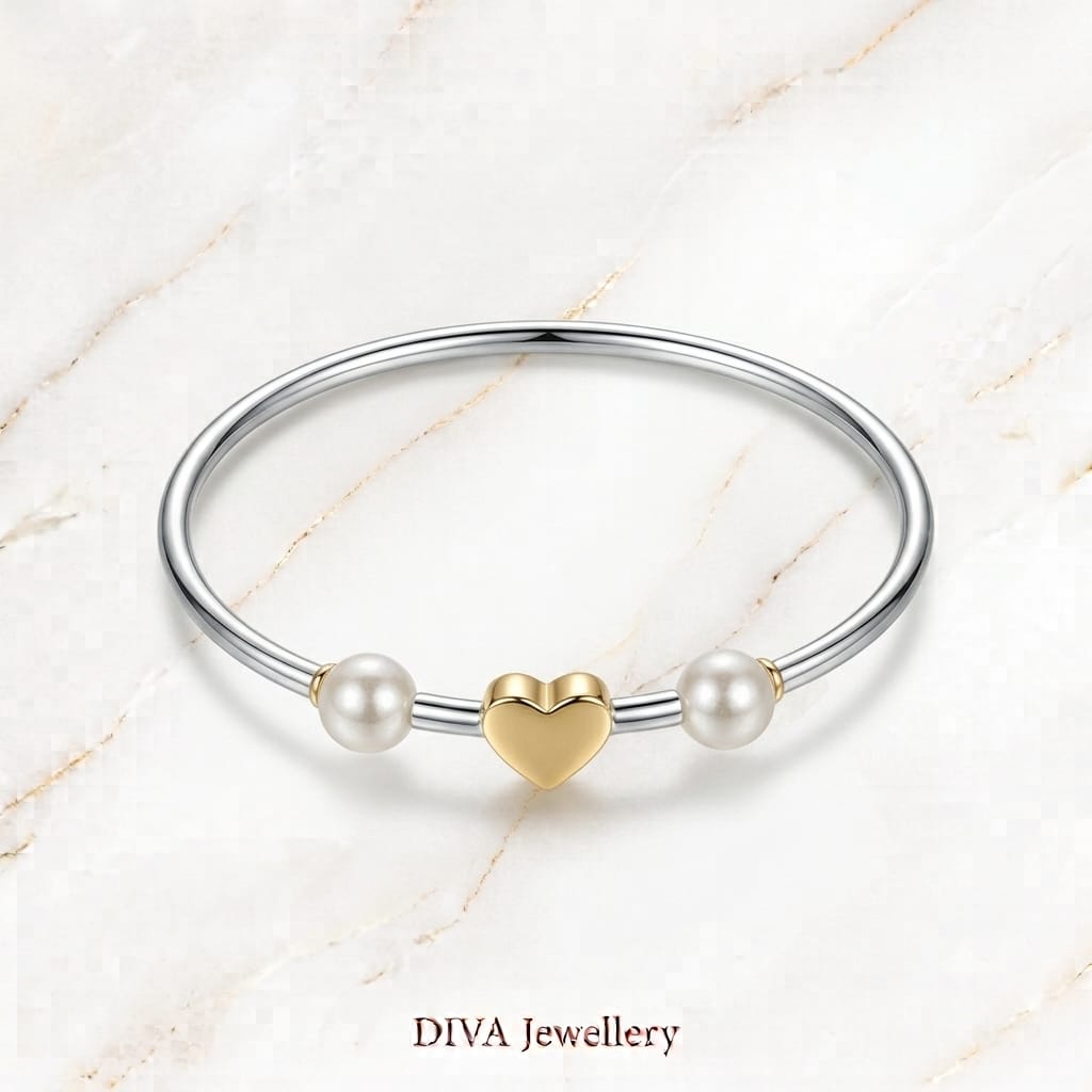 DIVA Jewellery Elegant Silver & Gold-Plated Heart Pearl Bangle Bracelet
