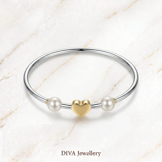 DIVA Jewellery Elegant Silver & Gold-Plated Heart Pearl Bangle Bracelet