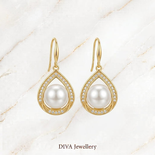 DIVA Jewellery Elegant Gold-Plated Teardrop Pearl & Crystal Drop Earrings