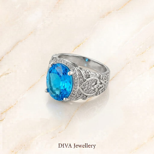 DIVA Jewellery Elegant Silver-Plated Oval Blue Crystal Statement Ring