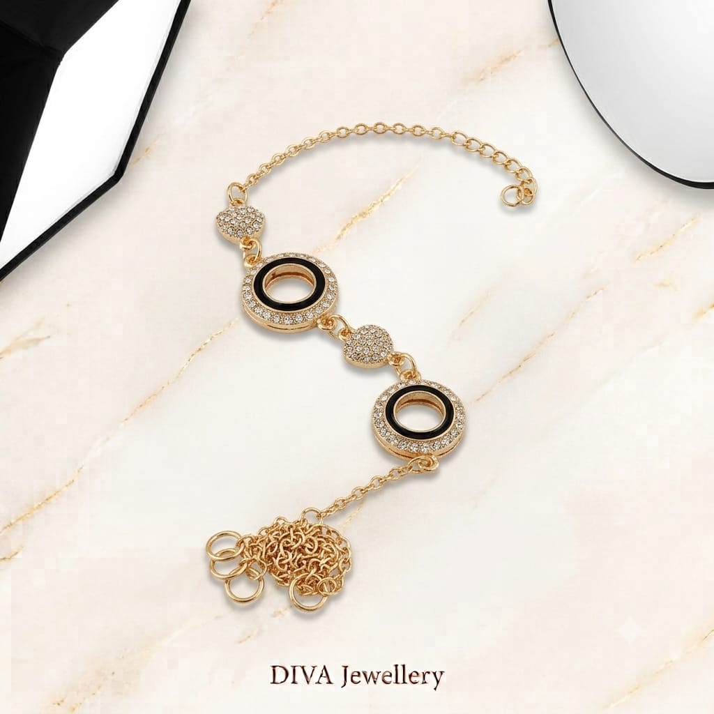 DIVA Jewellery Elegant Gold-Plated Black & Diamond Crystal Hathphool Hand Harness