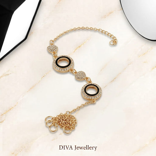 DIVA Jewellery Elegant Gold-Plated Black & Diamond Crystal Hathphool Hand Harness