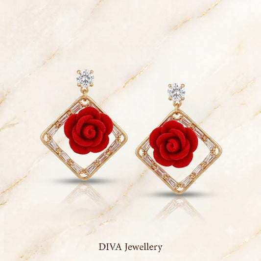 DIVA Jewellery Elegant Gold-Plated Red Rose & Diamond Square Drop Earrings