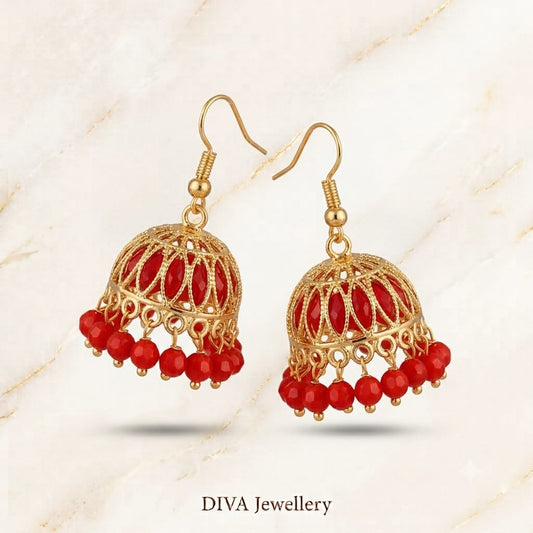 DIVA Jewellery Traditional Gold-Plated Red Beaded Jhumka Earrings for Women